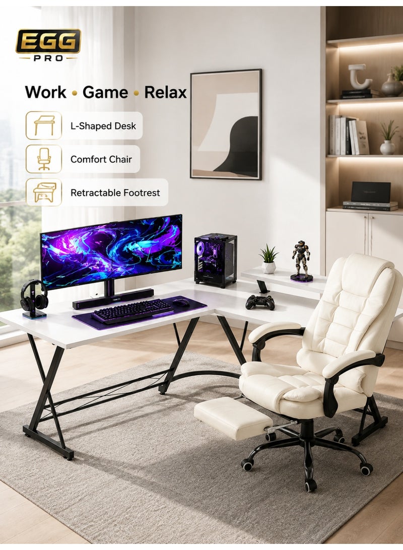EGG PRO 2-Piece Gaming Desk and Chair Bundle, L-Shaped Computer Desk with Raised Monitor Shelf + Ergonomic High-Back Office Gaming Chair with Retractable Footrest, Swivel Wheels, Home Office & Gaming Setup, White - Image 2