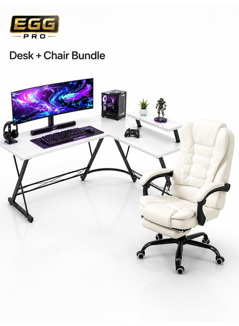 EGG PRO 2-Piece Gaming Desk and Chair Bundle, L-Shaped Computer Desk with Raised Monitor Shelf + Ergonomic High-Back Office Gaming Chair with Retractable Footrest, Swivel Wheels, Home Office & Gaming Setup, White - Image 1