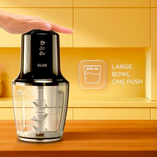 Glen 300 Watts Electric Chopper for Kitchen Use, Large 600ml Bowl, Triple SS Blade Technology, Fruit & Vegetable Cutter, with Whisking Disc, Chops Onion & Nuts - Black (4042TUPLUS) - Image 4