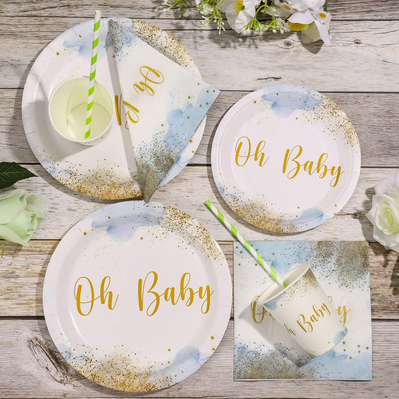 Xiangqu 175 Pcs Baby Boy Shower Plates and Napkins, Dusty Blue Baby Shower Decorations Includes Plates Napkins Cups Plastic Utensils for Boy Birthday, Serve 25 Guest - Image 4