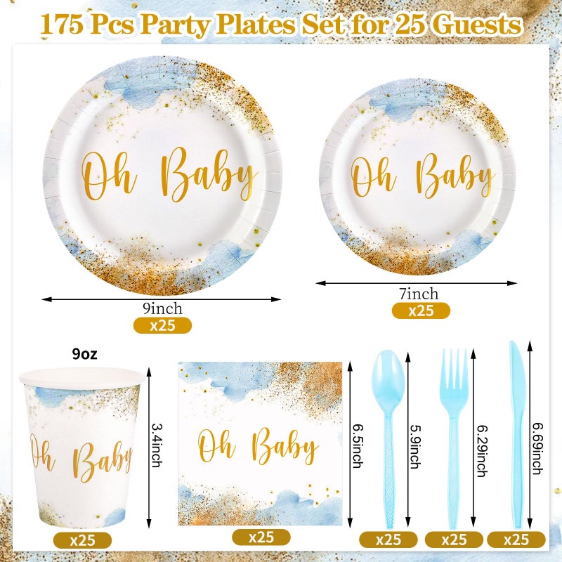 Xiangqu 175 Pcs Baby Boy Shower Plates and Napkins, Dusty Blue Baby Shower Decorations Includes Plates Napkins Cups Plastic Utensils for Boy Birthday, Serve 25 Guest - Image 2