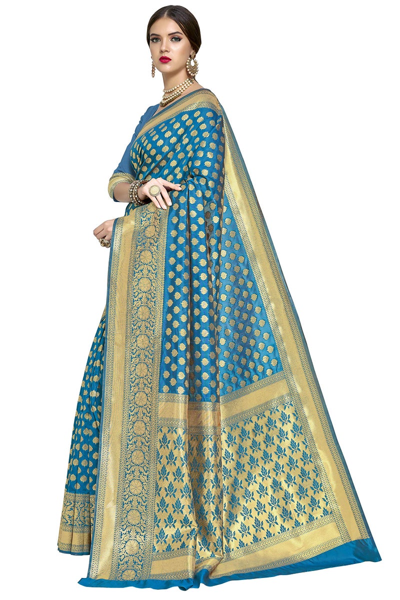 Glory Sarees Women's Woven Pure Soft Kanjivaram Silk Saree Banarasi Style With Blouse Piece for Wedding (kara115firozi_Firozi) - Image 2