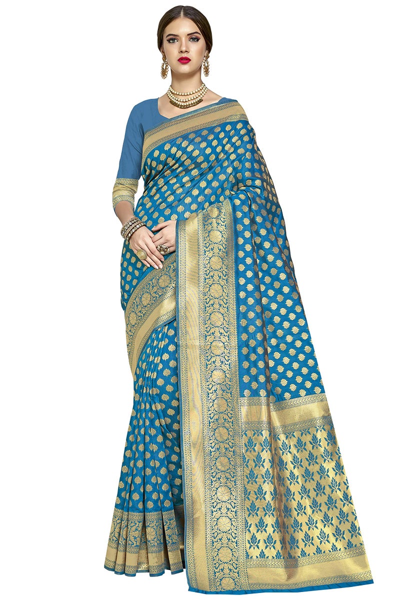 Glory Sarees Women's Woven Pure Soft Kanjivaram Silk Saree Banarasi Style With Blouse Piece for Wedding (kara115firozi_Firozi) - Image 5