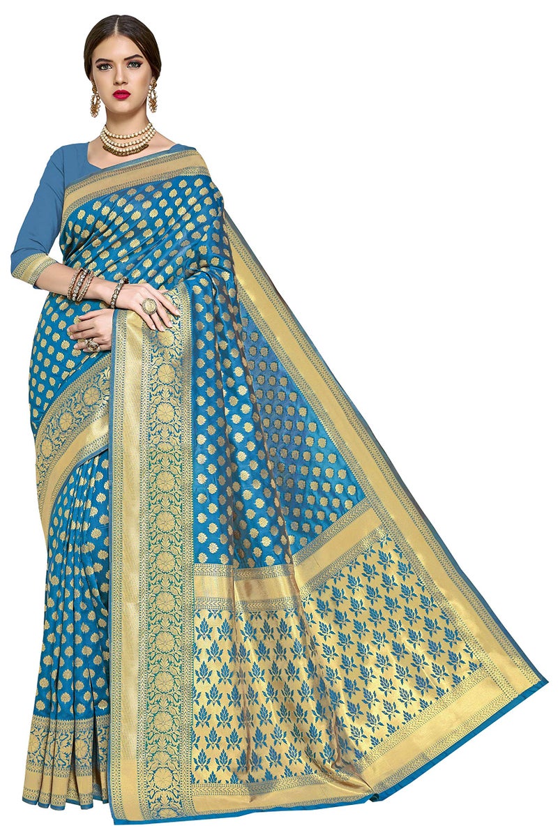 Glory Sarees Women's Woven Pure Soft Kanjivaram Silk Saree Banarasi Style With Blouse Piece for Wedding (kara115firozi_Firozi) - Image 1