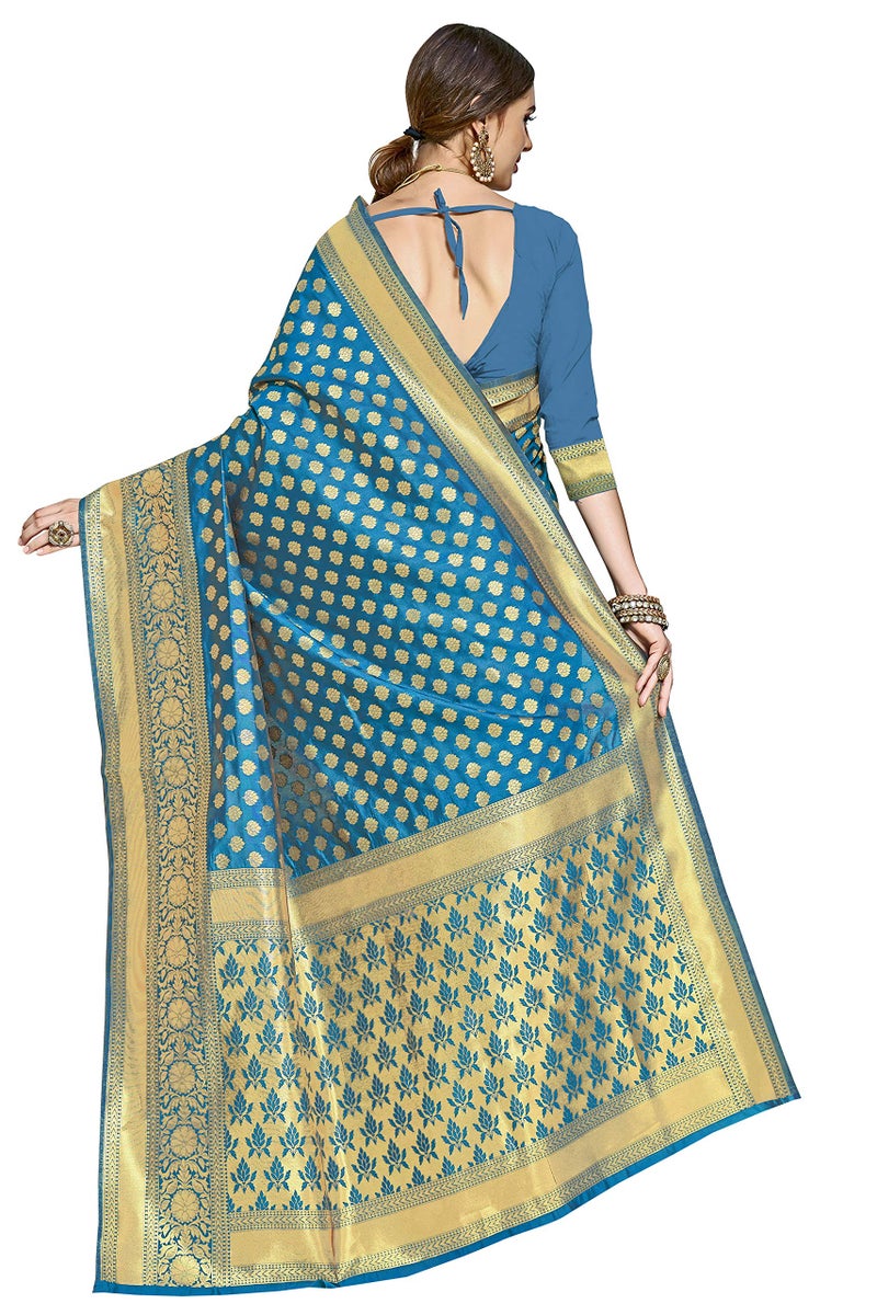 Glory Sarees Women's Woven Pure Soft Kanjivaram Silk Saree Banarasi Style With Blouse Piece for Wedding (kara115firozi_Firozi) - Image 3