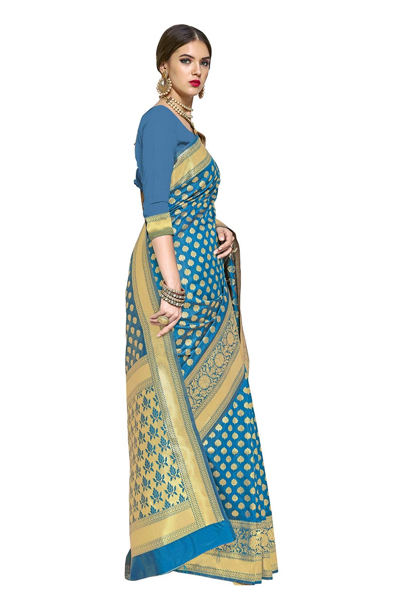 Glory Sarees Women's Woven Pure Soft Kanjivaram Silk Saree Banarasi Style With Blouse Piece for Wedding (kara115firozi_Firozi) - Image 4
