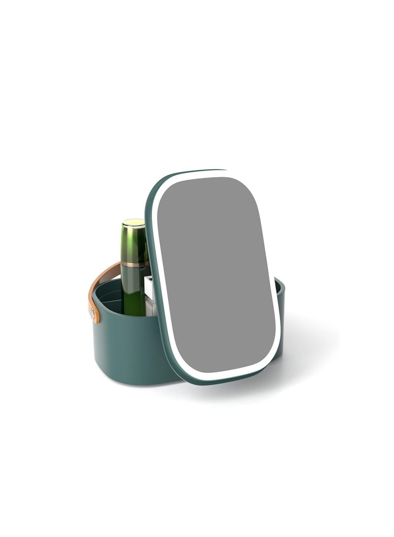 Zikra Makeup Case with Mirror and LED Light, Portable Travel Makeup Organizer with Silicone Handle for Bedroom Camping Business Travel, Dark Green - Image 1