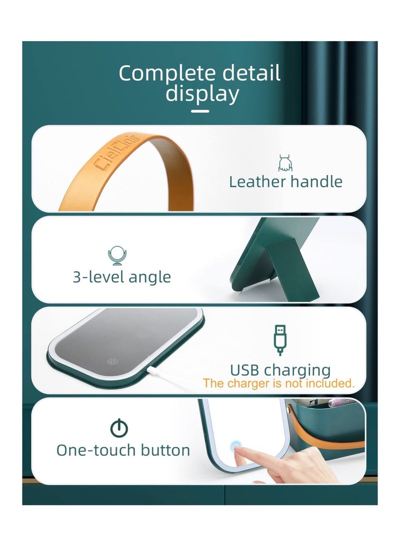 Zikra Makeup Case with Mirror and LED Light, Portable Travel Makeup Organizer with Silicone Handle for Bedroom Camping Business Travel, Dark Green - Image 5