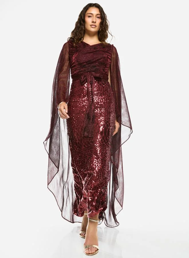 House of Moda Embellished Drape Tie-Waist Overlay Maxi Dress