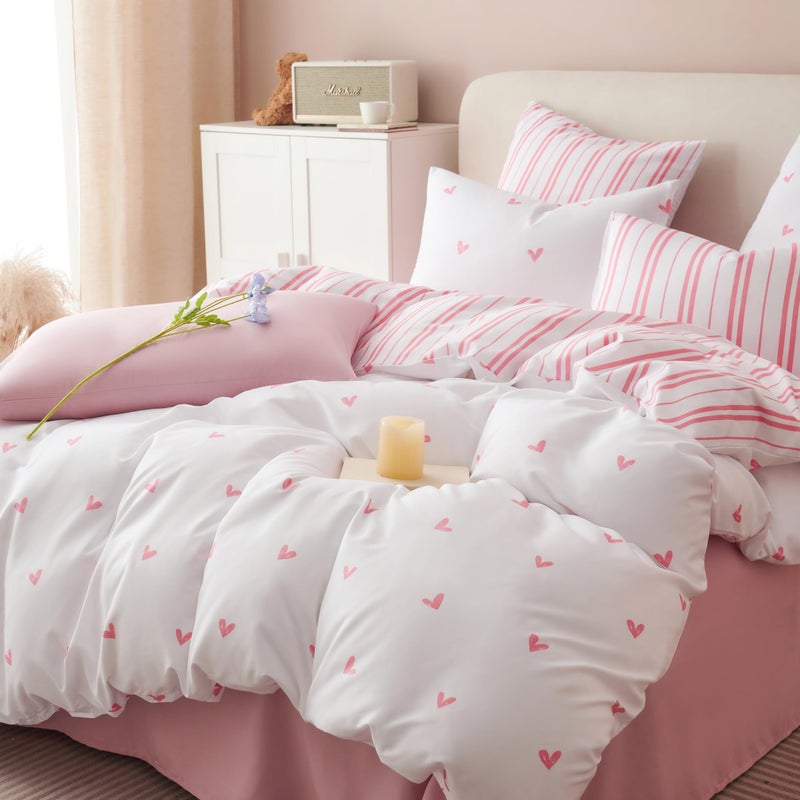 Bildenly Duvet Cover Queen Size Pink White Heart Striped Reversible Comforter Cover 3 Piece Kids Girls Soft Microfiber Bedding Set with Zipper Closure and 2 Pillow Shams