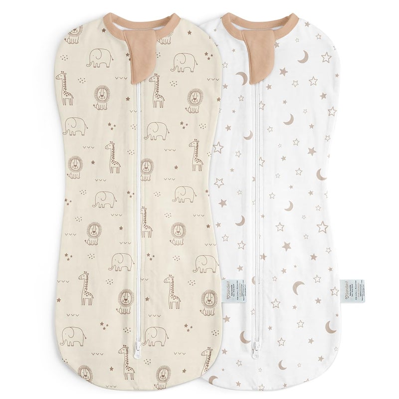 SANDJEST Baby Swaddle 0-2 Months, Cotton Arm-In Zipper Sleep Sack, Wearable Blankets Wrap for Newborn Infant Girls and Boys (Woodland Animal, Star Moon, Pack of 2) - Image 1