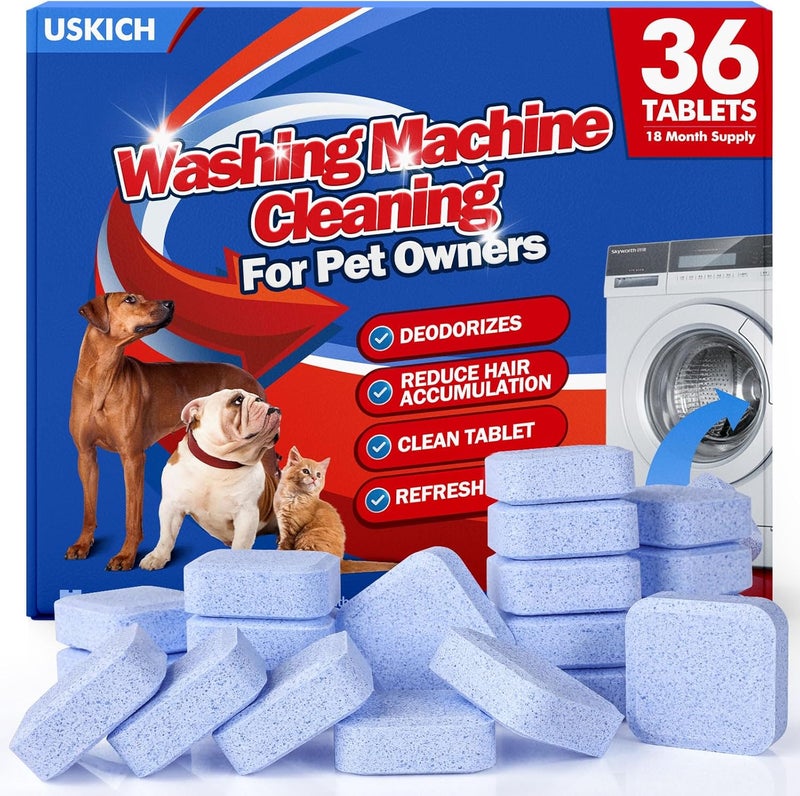 USKICH Washing Machine Cleaner Descaler 36Pack-18 Month Supply,Washer Machine Cleaner Tablets Formulated For Pet Owners Deep Cleaning Easy Remove Pet Hair,Grime,Odors For HE Front&Top Load Washer,Septic Safe - Image 1