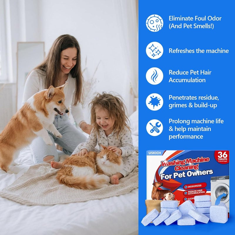 USKICH Washing Machine Cleaner Descaler 36Pack-18 Month Supply,Washer Machine Cleaner Tablets Formulated For Pet Owners Deep Cleaning Easy Remove Pet Hair,Grime,Odors For HE Front&Top Load Washer,Septic Safe - Image 5