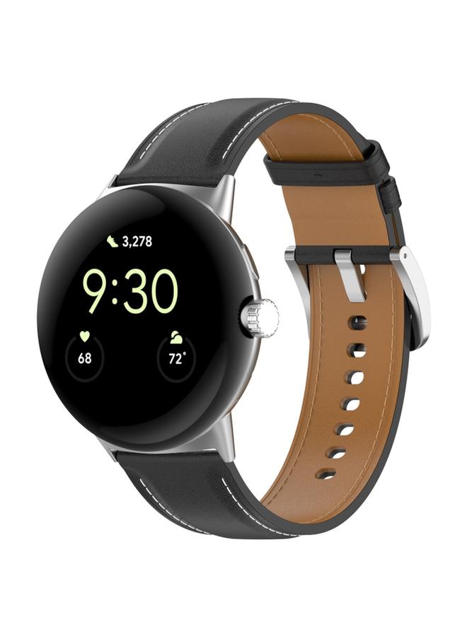 For Google Pixel Watch 2 Top Layer Leather Embossed Sewing Watch Band Black