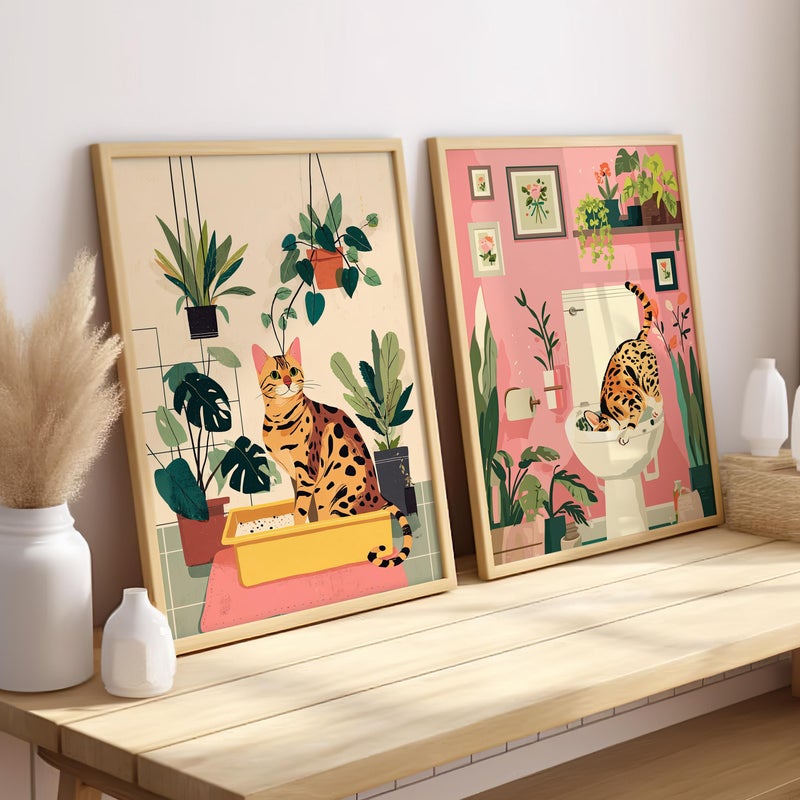 TNESSENTIAL Bengal Cat Bathroom Set of 2 Prints Poster or Canvas, Botanical Art Bathroom Wall Decor, Minimalist Boho Funny Cat Wall Art, Cat Lovers Gift - Image 4