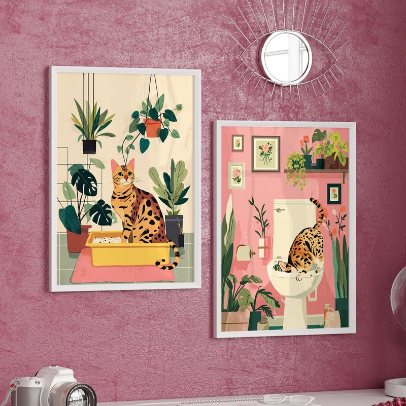TNESSENTIAL Bengal Cat Bathroom Set of 2 Prints Poster or Canvas, Botanical Art Bathroom Wall Decor, Minimalist Boho Funny Cat Wall Art, Cat Lovers Gift - Image 1