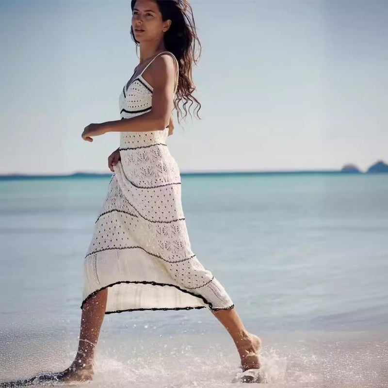 Sexy Hollow Knit Long Sleeveless Beach Dress for Summer Vacation - Image 3