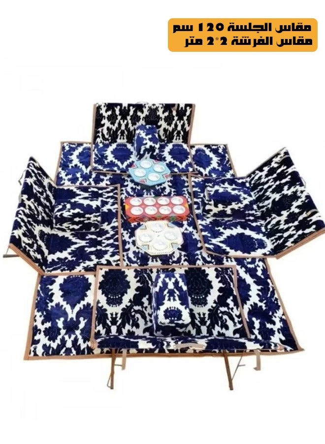 كادي ون مجموعة جلوس أرضية تراثية مكونة من 9 قطع مناسبة للسفر والرحلات البرية والحديقة , طقم فرشة تخييم ارضية مع اربع مراكى و 4 كراسي بمقاس 120 سم وبساط من القماش عالي الجودة بمقاس 2*2 متر يكفي ل 8 أشخاص - Image 1