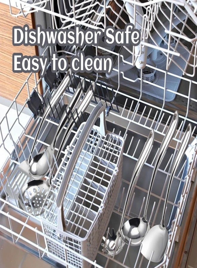 VALESKA طقم أدوات مطبخ من الفولاذ المقاوم للصدأ 304، طقم أدوات طهي معدنية من فاليسكا مكون من 6 قطع، ملعقة ووك، مغرفة، ملعقة مثقبة، ملعقة معكرونة، مغرفة تقديم كبيرة، ملعقة مسطحة مثقبة - Image 4