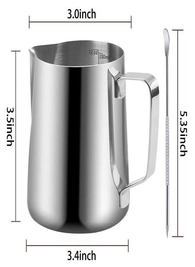 NewGF Milk Frothing Pitchers-12oz/350ML Stainless Steel Steaming Pitchers, Scale Coffee/Milk/Cappuccino/Latte Art Barista Steam Pitchers, Milk Jug Cup with Decorating Pen-Silver - Image 2