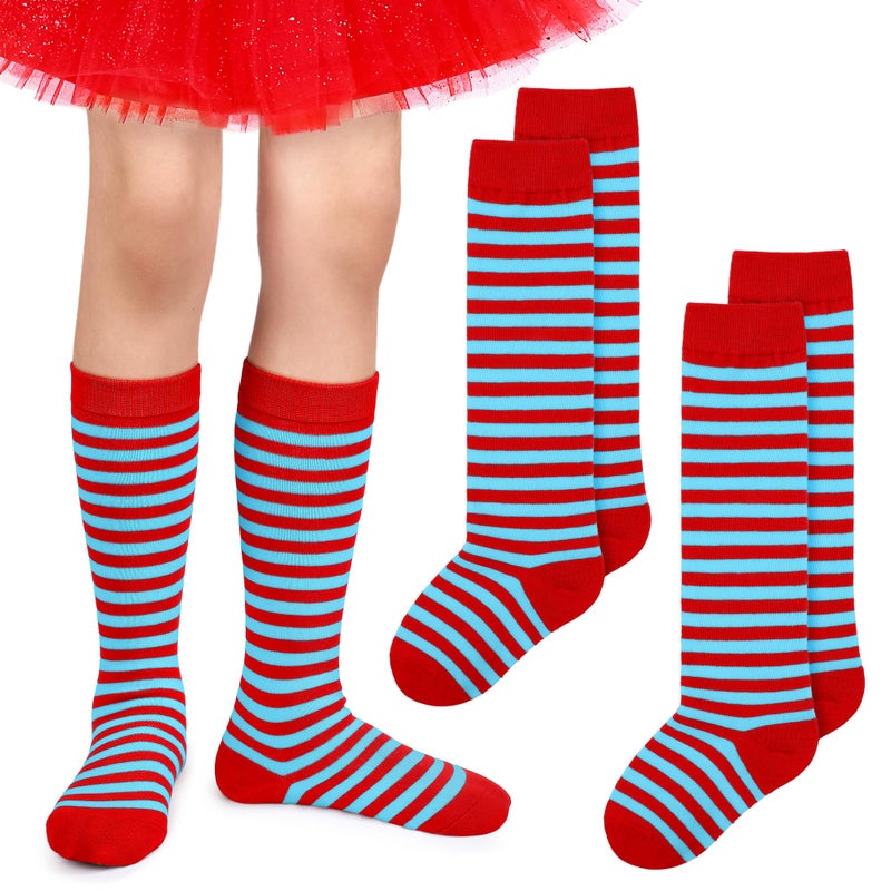 SOMSOC 2 Pairs Kids Red and Light Blue Striped Knee High Socks Toddler Sock Girl Socks Novelty Striped Sock for Boy Girl - Image 1