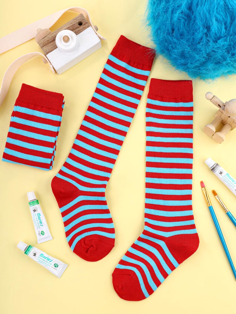 SOMSOC 2 Pairs Kids Red and Light Blue Striped Knee High Socks Toddler Sock Girl Socks Novelty Striped Sock for Boy Girl - Image 3
