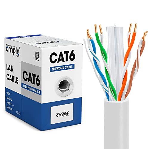 Cmple - Cat6 Cable 1000ft Bulk Lan Ethernet Cat 6 Wire Network UTP 23AWG CMR Riser 10Gbps 550 MHz Pull Box 1000 Feet, White - Image 1