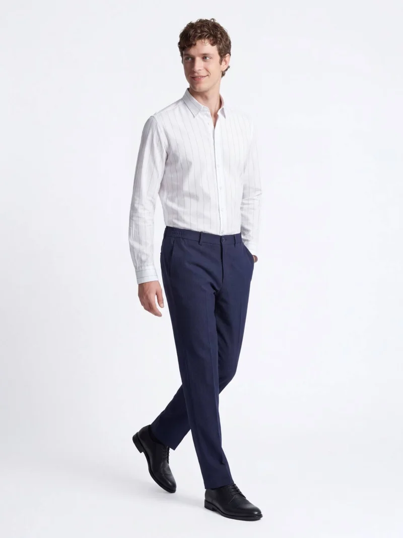 Kip White Striped Regular Fit Long Weaving Casual Cotton Blended Shirt