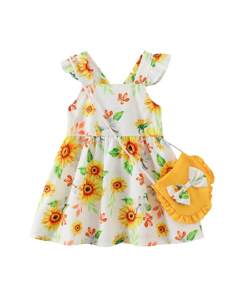 Mioglrie 18-24 Months Girl Clothes Baby Girls Dress Infant Summer Outfits Toddler Casual Ruffle Sleeve Sunflower Sundress with Cute Bag - Image 1