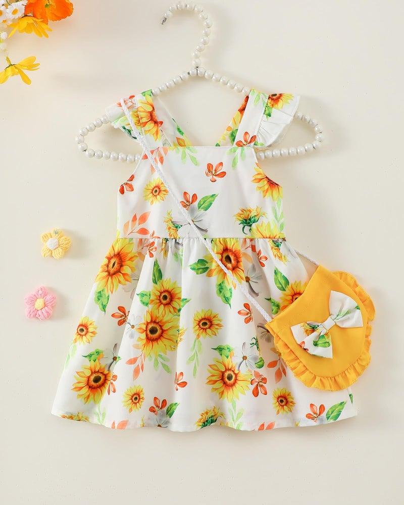 Mioglrie 18-24 Months Girl Clothes Baby Girls Dress Infant Summer Outfits Toddler Casual Ruffle Sleeve Sunflower Sundress with Cute Bag - Image 3