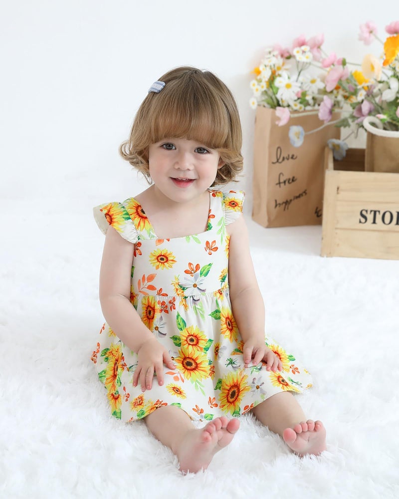 Mioglrie 18-24 Months Girl Clothes Baby Girls Dress Infant Summer Outfits Toddler Casual Ruffle Sleeve Sunflower Sundress with Cute Bag - Image 2