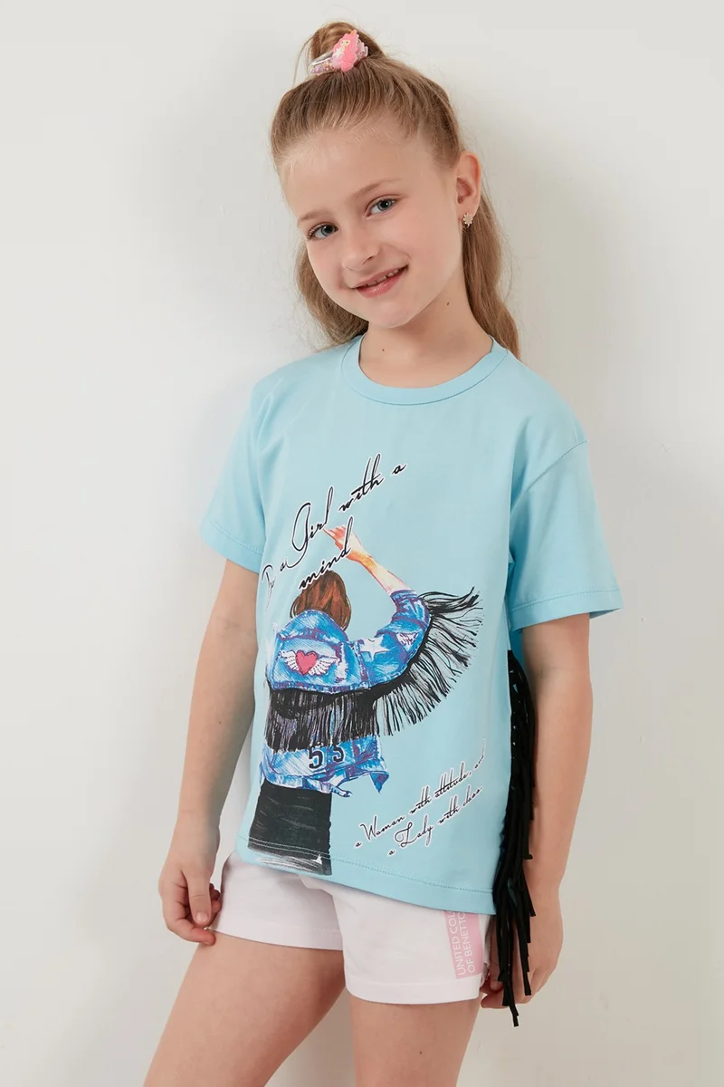 ليلا Cotton Printed Tassel Detailed Crew Neck T Shirt Girl's T Shirt 6211020