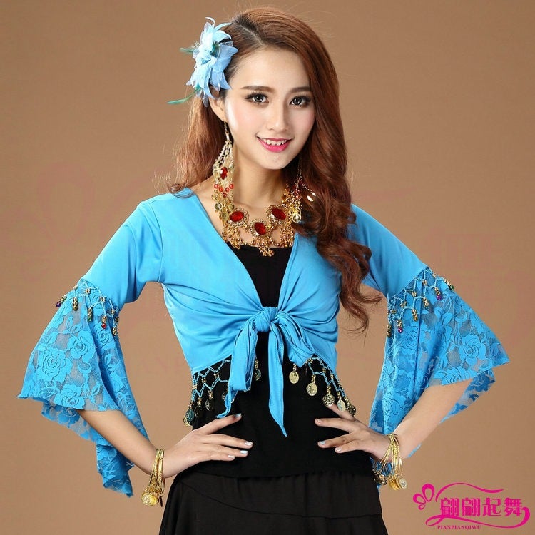 Belly Dance Table Costume Dance Costume New Square Dance Shawl Lace Trumpet Long Sleeve Practice Clothes Top - Image 1