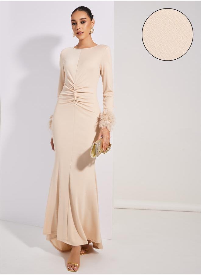 Styli Gathered Front Faux Fur Detail Maxi Dress  - Image 1
