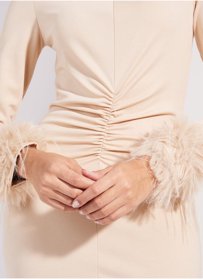 Styli Gathered Front Faux Fur Detail Maxi Dress  - Image 3