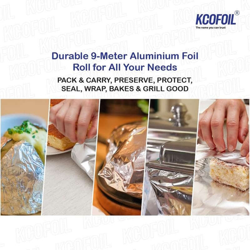 KCOFOIL Aluminium Foil Roll - 9 Meter (Pack of 2) | 10 Micron Thickness Food-Grade Silver Foil Paper for Lunch & Tiffin | Multipurpose Kitchen Wrap for Cooking, Baking, Grilling & Food Storage - Image 3