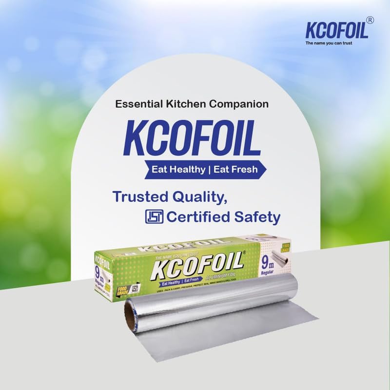 KCOFOIL Aluminium Foil Roll - 9 Meter (Pack of 2) | 10 Micron Thickness Food-Grade Silver Foil Paper for Lunch & Tiffin | Multipurpose Kitchen Wrap for Cooking, Baking, Grilling & Food Storage - Image 5
