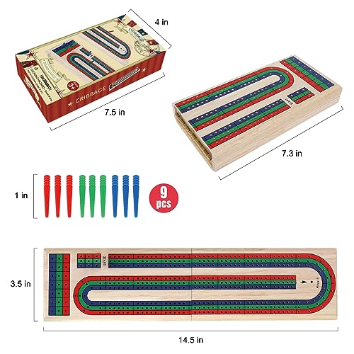 GOTHINK Folding Cribbage Board Game Set Classic Wooden Cribbage Boards Game for Family Fun 9 MultiColored Pegs 3 Tracks Red Green Blue Pegs for 23 Players - Image 5