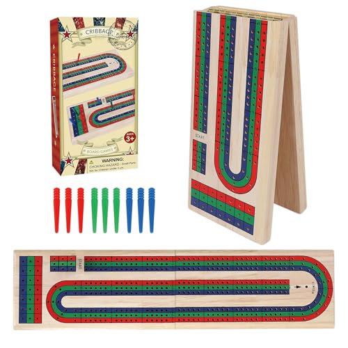 GOTHINK Folding Cribbage Board Game Set Classic Wooden Cribbage Boards Game for Family Fun 9 MultiColored Pegs 3 Tracks Red Green Blue Pegs for 23 Players - Image 1