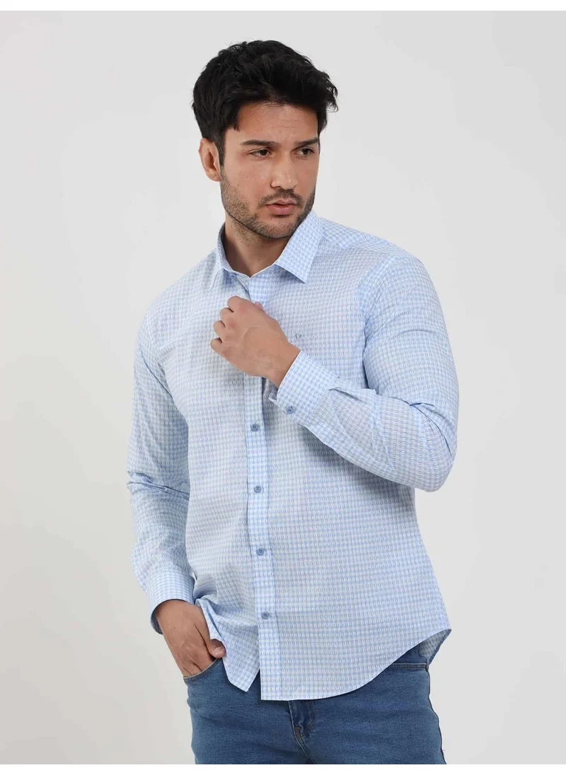 Dufy Blue Men's Slim Fit Checked Brent Collar Long Sleeve Shirt - 102384