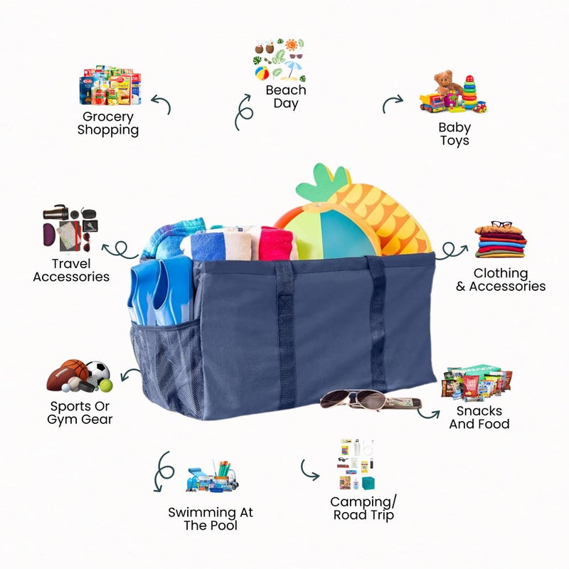 Lucazzi Extra Large Utility Tote Bag - Oversized Collapsible Reusable Wire Frame Rectangular Canvas Basket With Two Exterior Pockets For Beach, Pool, Laundry, Car Trunk, Storage - Navy Blue - Image 3