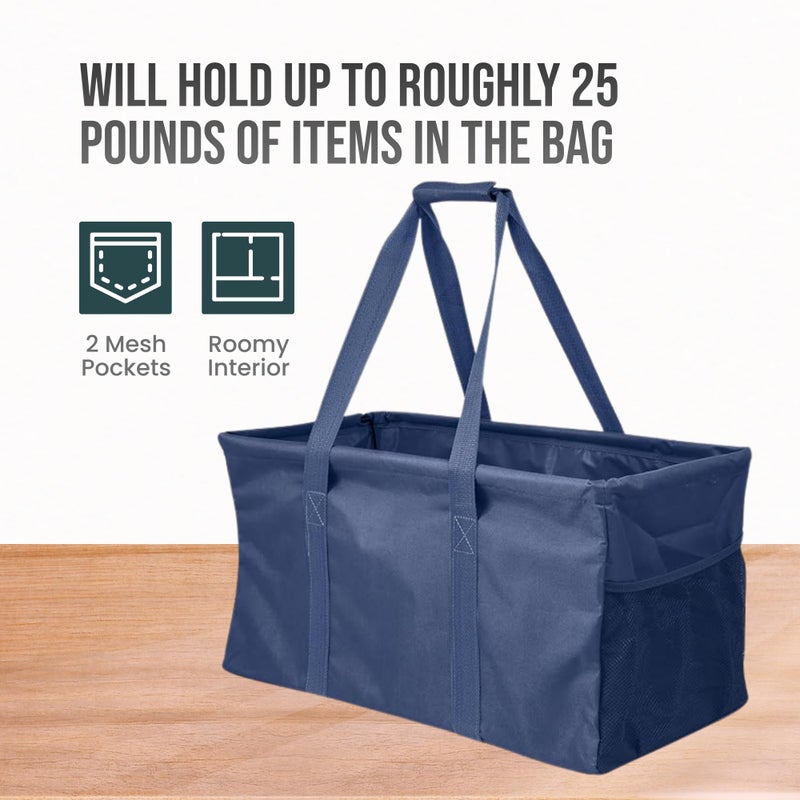 Lucazzi Extra Large Utility Tote Bag - Oversized Collapsible Reusable Wire Frame Rectangular Canvas Basket With Two Exterior Pockets For Beach, Pool, Laundry, Car Trunk, Storage - Navy Blue - Image 5