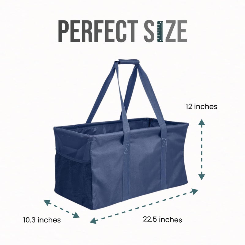 Lucazzi Extra Large Utility Tote Bag - Oversized Collapsible Reusable Wire Frame Rectangular Canvas Basket With Two Exterior Pockets For Beach, Pool, Laundry, Car Trunk, Storage - Navy Blue - Image 4