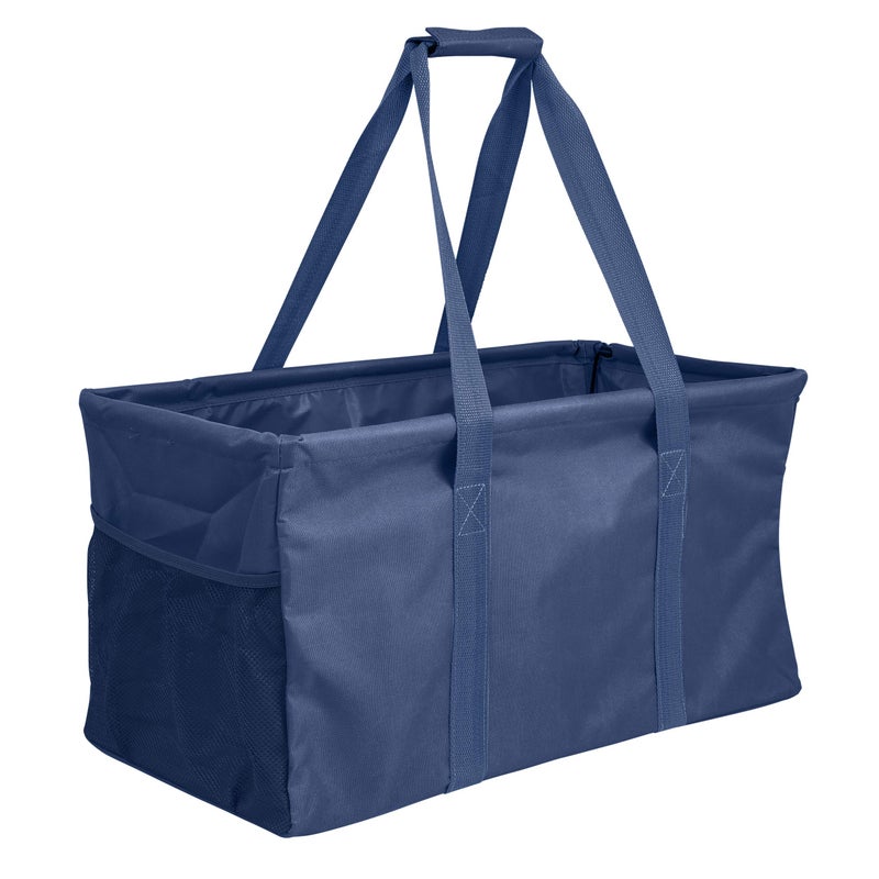 Lucazzi Extra Large Utility Tote Bag - Oversized Collapsible Reusable Wire Frame Rectangular Canvas Basket With Two Exterior Pockets For Beach, Pool, Laundry, Car Trunk, Storage - Navy Blue - Image 1