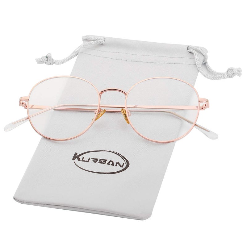 Kursan Blue Light Blocking Glasses for Women Men Stylish Round Metal Frame Clear Lens Eyeglasses Rose Gold