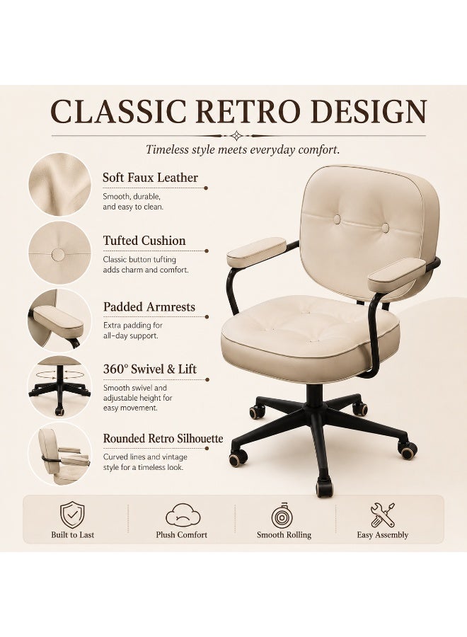 Al LIFE Retro Faux Leather Office Chair with Backrest & Padded Armrests, 360° Swivel, Height Adjustable Tufted Desk Chair for Home Office, Study, Vanity & Computer, Beige - Image 3