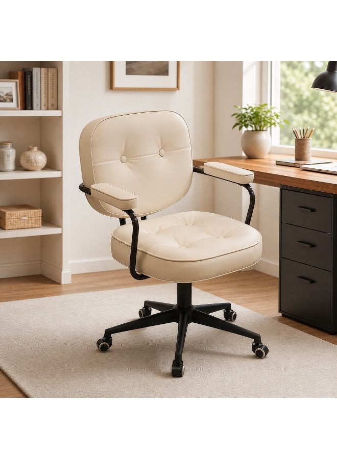 Al LIFE Retro Faux Leather Office Chair with Backrest & Padded Armrests, 360° Swivel, Height Adjustable Tufted Desk Chair for Home Office, Study, Vanity & Computer, Beige - Image 1