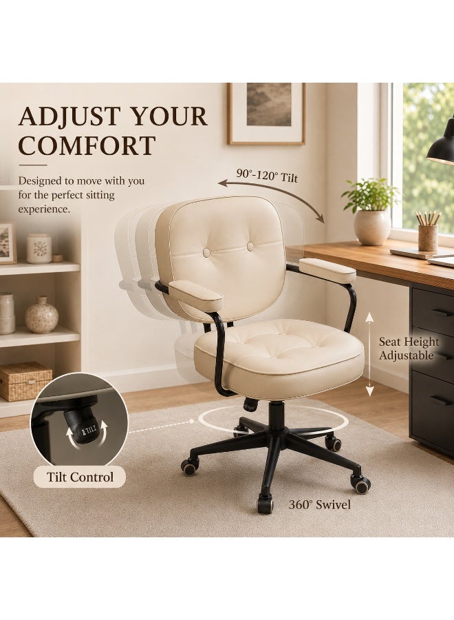 Al LIFE Retro Faux Leather Office Chair with Backrest & Padded Armrests, 360° Swivel, Height Adjustable Tufted Desk Chair for Home Office, Study, Vanity & Computer, Beige - Image 4