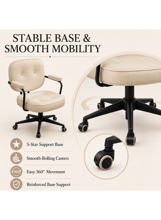 Al LIFE Retro Faux Leather Office Chair with Backrest & Padded Armrests, 360° Swivel, Height Adjustable Tufted Desk Chair for Home Office, Study, Vanity & Computer, Beige - Image 5