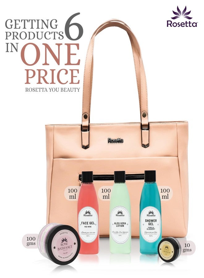 روزيتا حقيبة يد نسائية من روزيتا مع مجموعة هدايا للعناية بالبشرة بالأعشاب | حقيبة كتف من الجلد النباتي مع جل للوجه، جل استحمام، لوشن الصبار، وملح استحمام | هدية مثالية للنساء (لون الخوخ) - Image 5